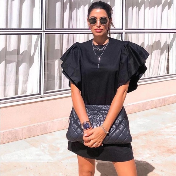 Atelie Das Duas Tops - Atelie Das Duas Black Taffeta Puff Ruffle Sleeve Blouse